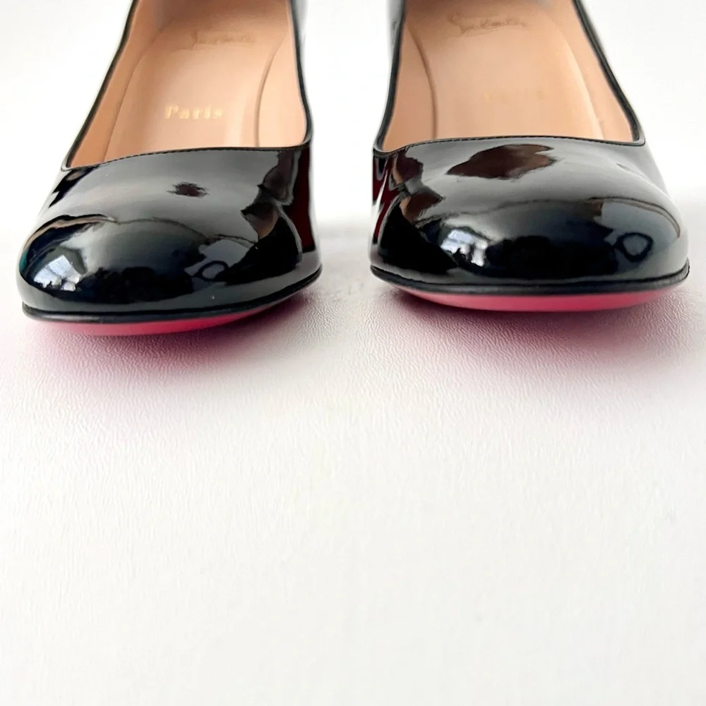 CHRISTIAN LOUBOUTIN | Miss Sab Black Patent Leather Block Heel Pumps 37.5 US 7.5 - Picture 7 of 16